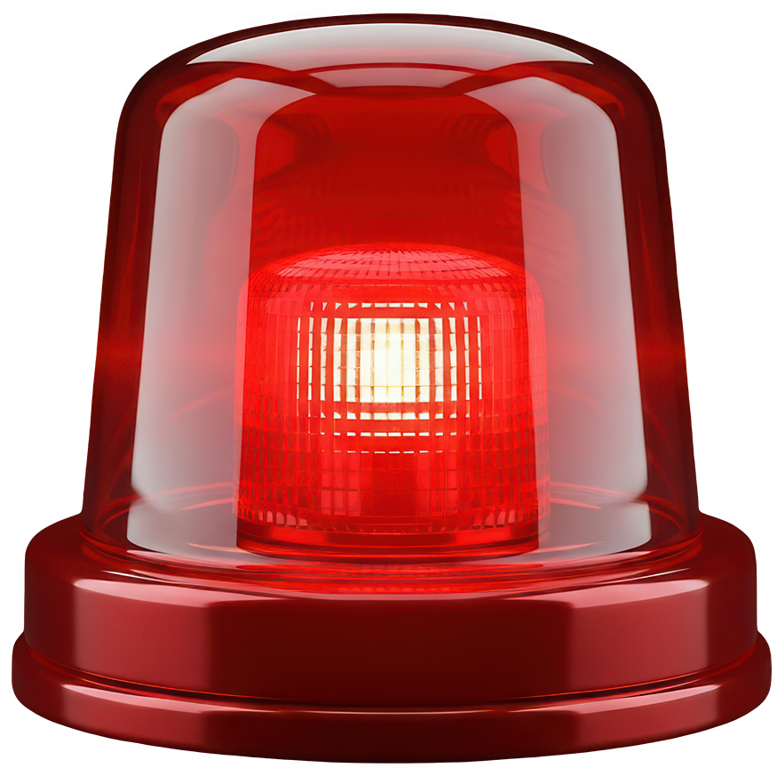 Sirène d'urgence rouge avec un couvercle transparent en forme de dôme.