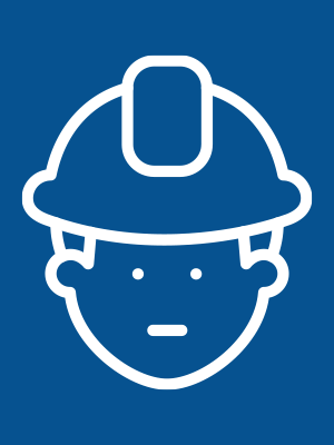 Symbol eines Arbeiters mit weissem Schutzhelm auf blauem Hintergrund