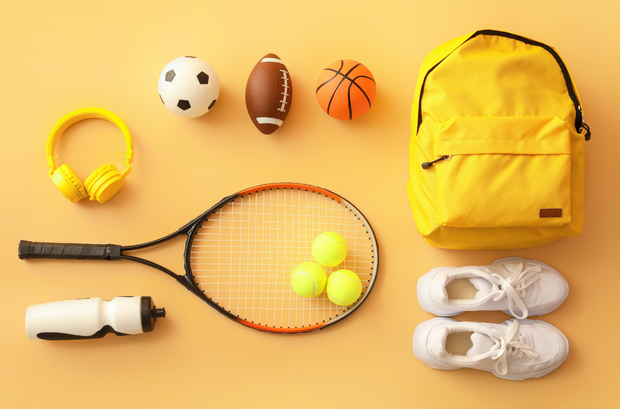 Una racchetta da tennis, un pallone da calcio, un pallone da basket, uno zaino, delle cuffie e delle palline da tennis