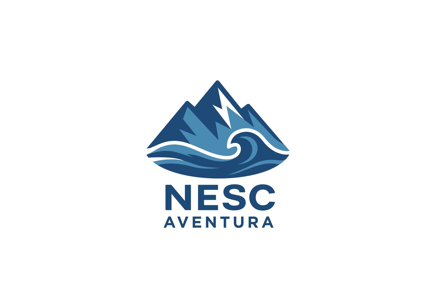 Un logotipo para Nesc Aventura con una montaña y olas.