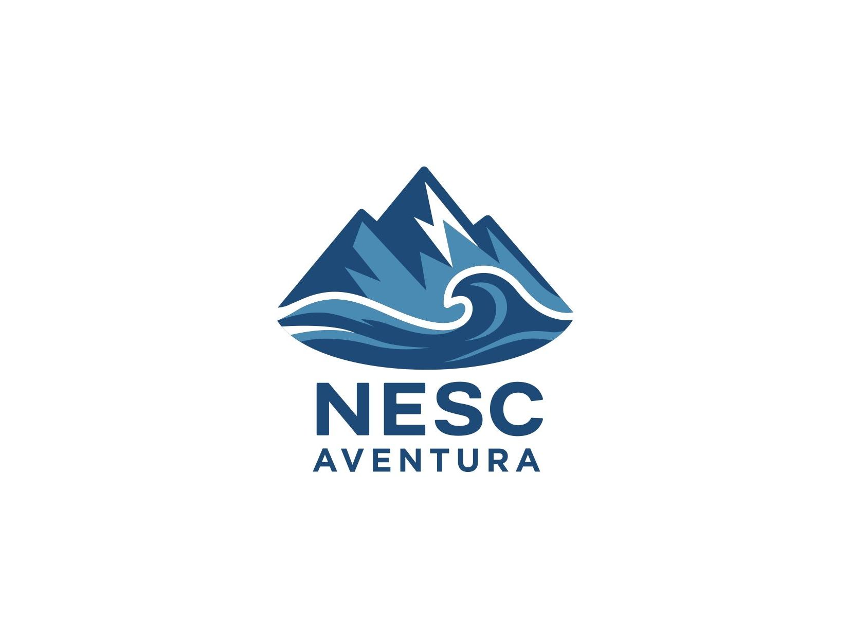 Un logotipo para Nesc Aventura con una montaña y olas.