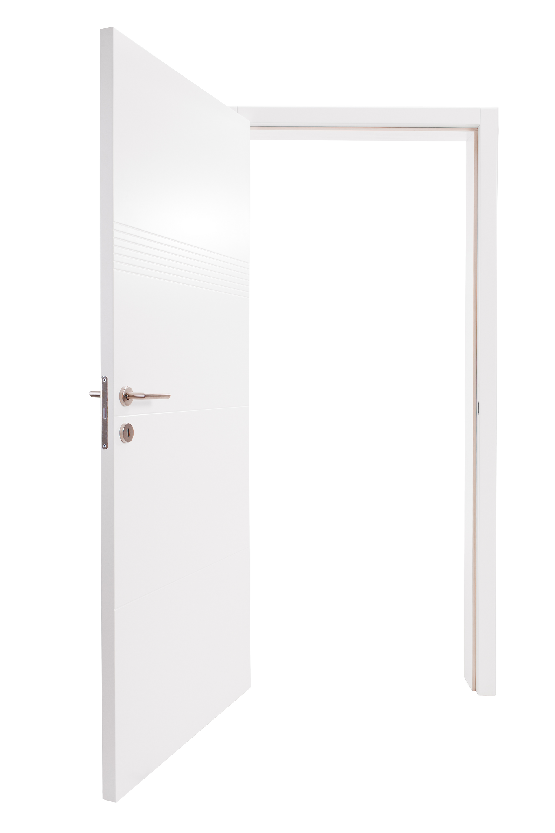 Porte blanche, partiellement ouverte dans un cadre blanc. Poignée argentée visible.