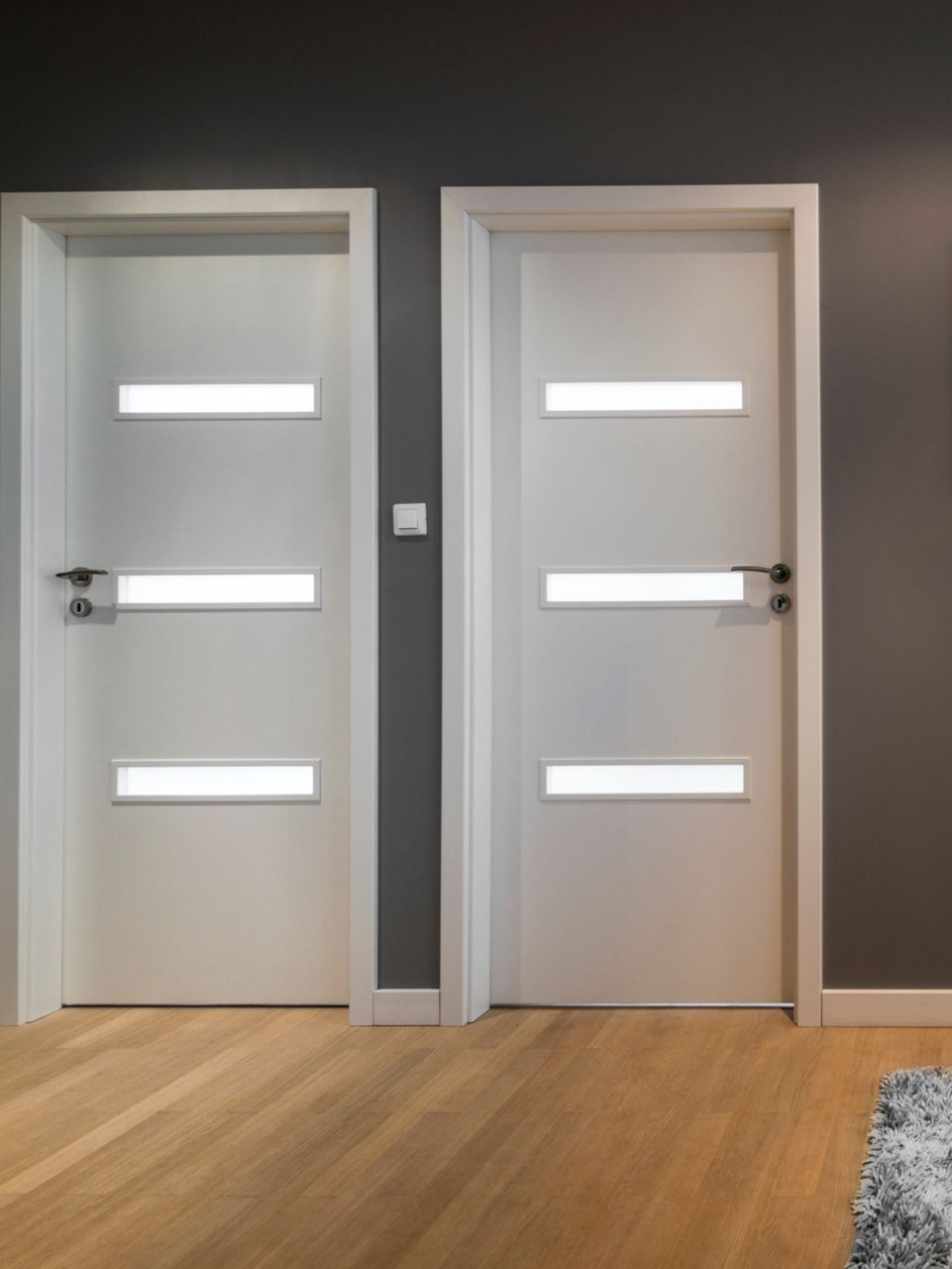 Deux portes blanches avec panneaux vitrés horizontaux. Elles se trouvent dans une pièce au parquet et aux murs gris.