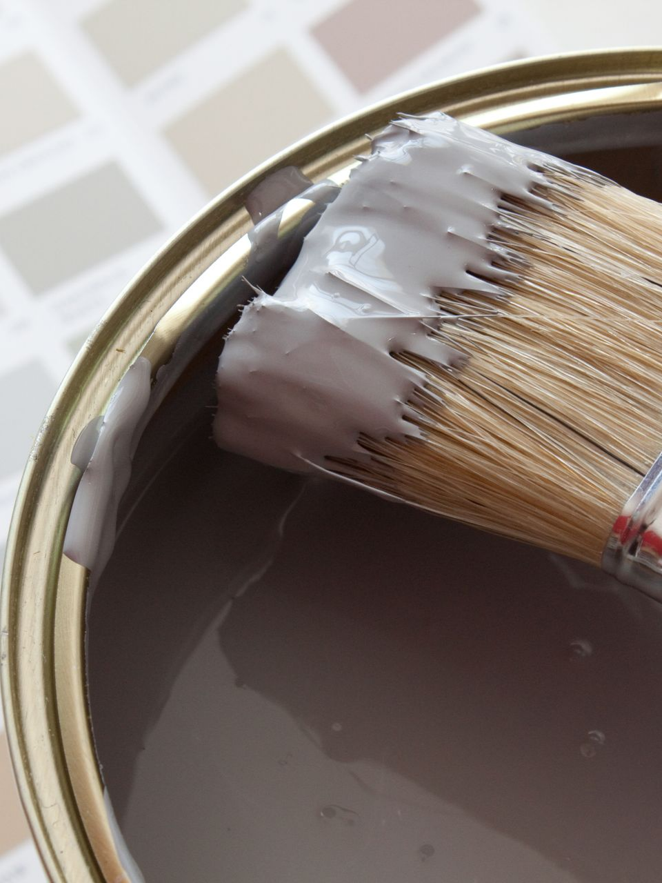 Pot de peinture avec un pinceau trempé dans de la peinture grise, échantillons de couleurs en arrière-plan.