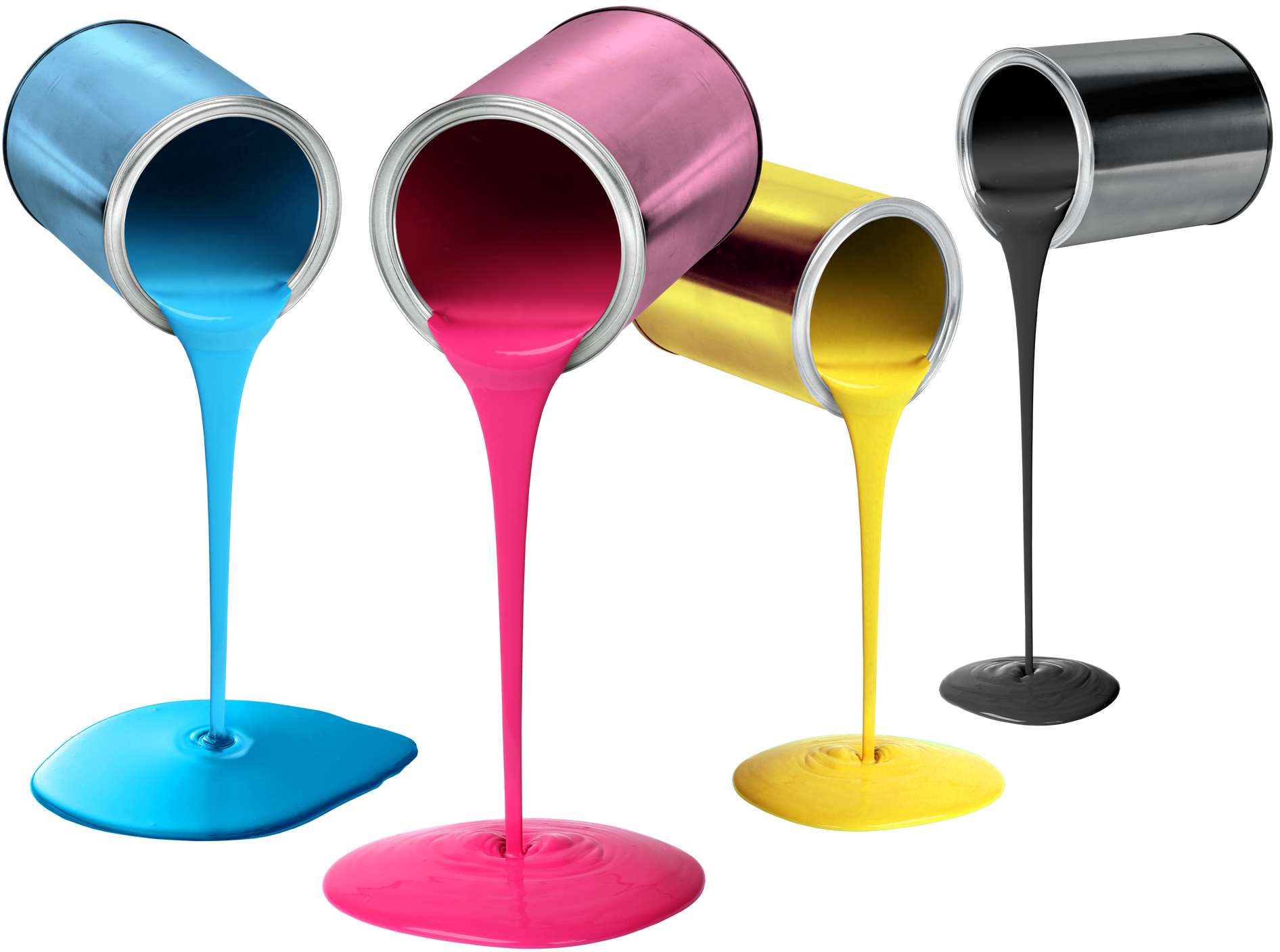 De la peinture bleue se déverse d'un pot renversé sur une surface blanche.