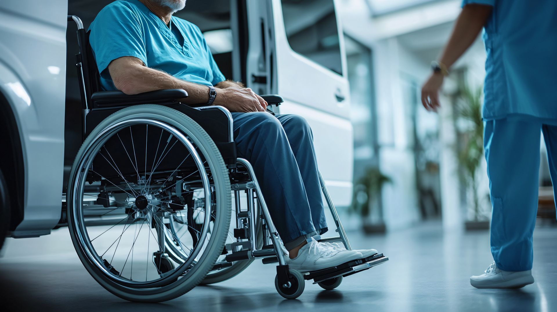 Une personne dans un fauteuil roulant près d'un véhicule