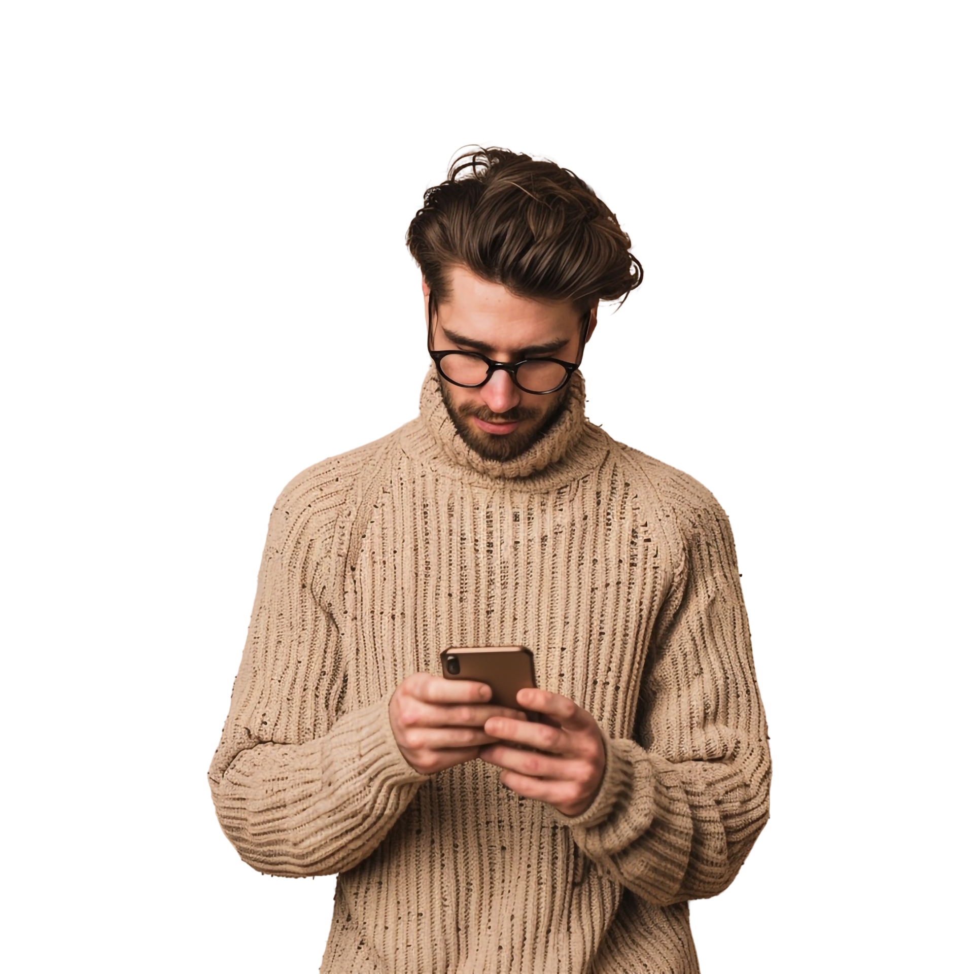 Un monsieur en pull de couleur marron