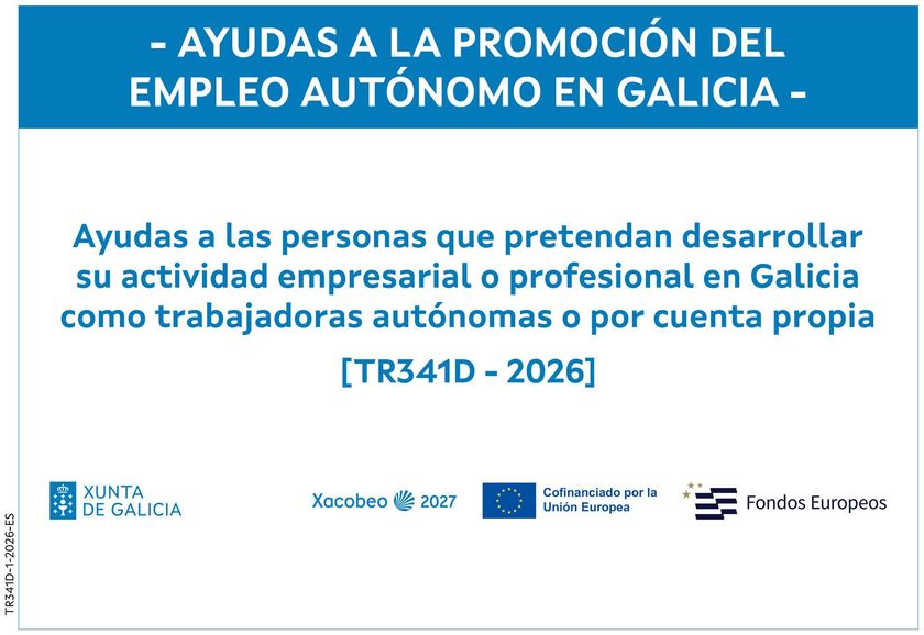 Cartel azul de ayudas al empleo autónomo en Galicia, con texto informativo y logos institucionales.