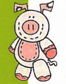 Lindo peluche de cerdito dibujado a mano con manchas rosas y orejas caídas, de pie sobre un fondo blanco.
