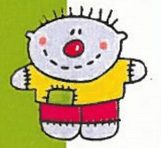Niño de dibujos animados con pelo puntiagudo, nariz roja, camisa amarilla y pantalones cortos rojos, de pie con los brazos extendidos.
