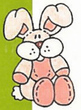 Conejito de dibujos animados rosa y blanco con orejas caídas sentado y sonriendo sobre un fondo liso.