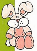 Conejito de dibujos animados rosa y blanco con orejas caídas sentado y sonriendo sobre un fondo liso.