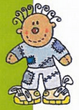 Niño de dibujos animados con cabello rizado, camisa azul, pantalones blancos y zapatos amarillos de pie sobre un fondo verde.