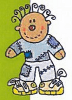 Niño de dibujos animados con cabello rizado, camisa azul, pantalones blancos y zapatos amarillos de pie sobre un fondo verde.