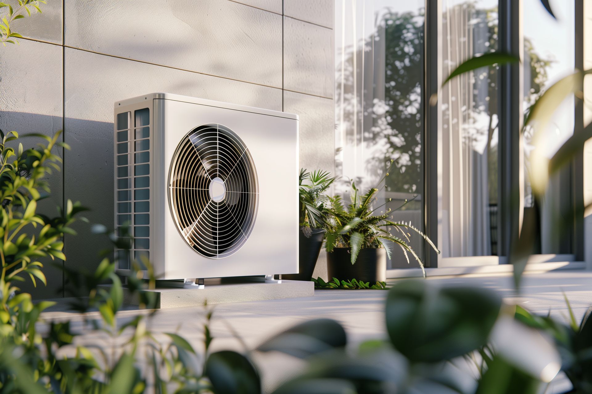 Unité de climatisation extérieure blanche à côté d'un bâtiment moderne, encadrée de plantes vertes et de lumière du soleil.