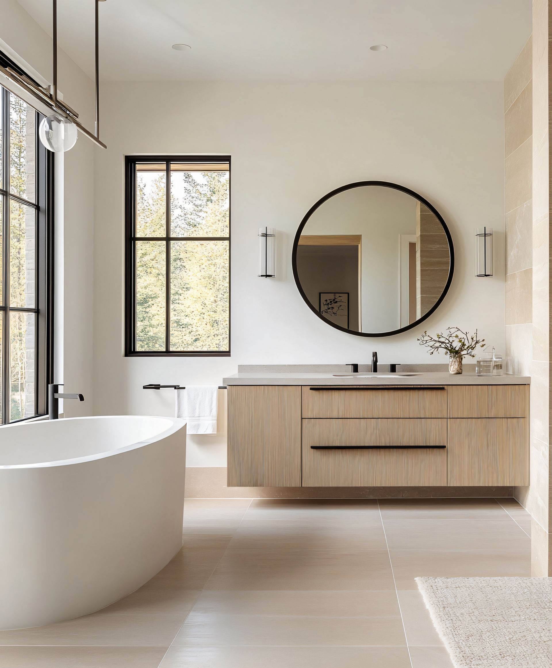 Salle de bains moderne et lumineuse avec baignoire îlot, miroir rond et meuble-lavabo en bois près d'une fenêtre.