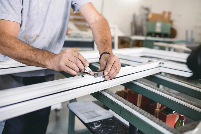 Persona midiendo un marco de ventana blanco con una pequeña herramienta de metal en un taller.