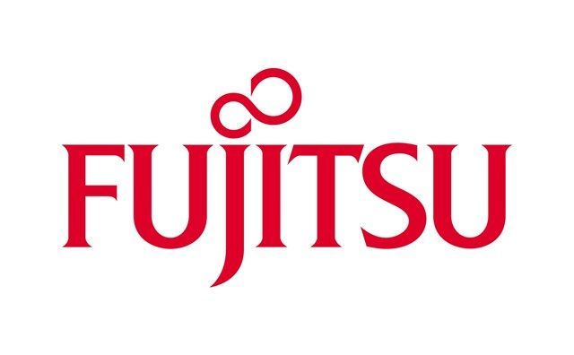 El logotipo de Fujitsu es rojo y blanco sobre un fondo blanco.