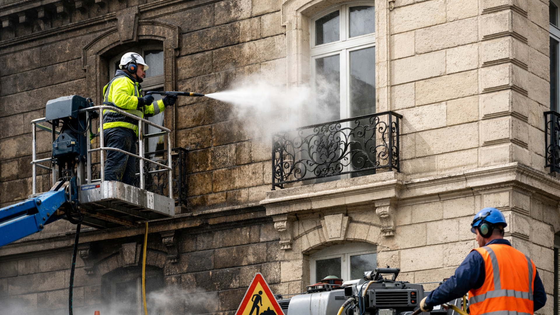 Un homme, perché sur une nacelle, lave la façade d'un immeuble au nettoyeur haute pression .