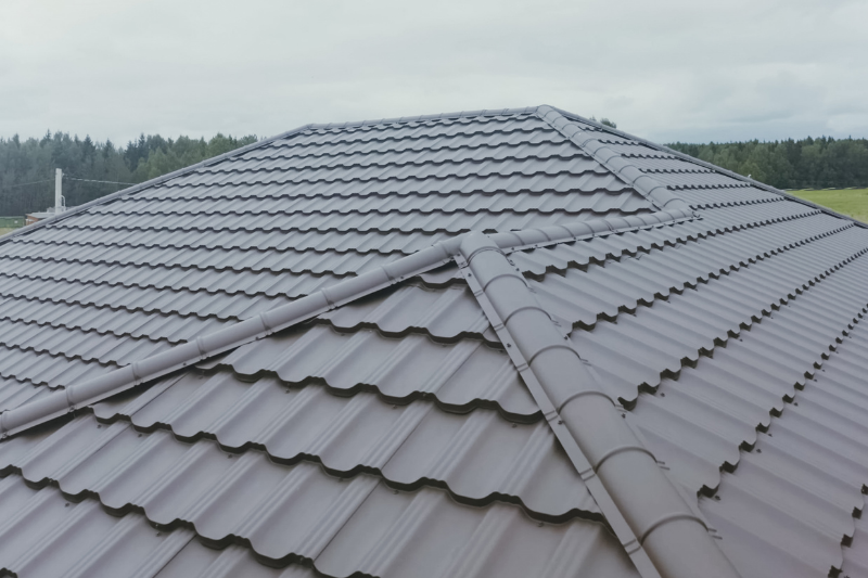 Toiture en tuiles métalliques brun foncé d'une maison, avec des arbres verts et le ciel en arrière-plan.