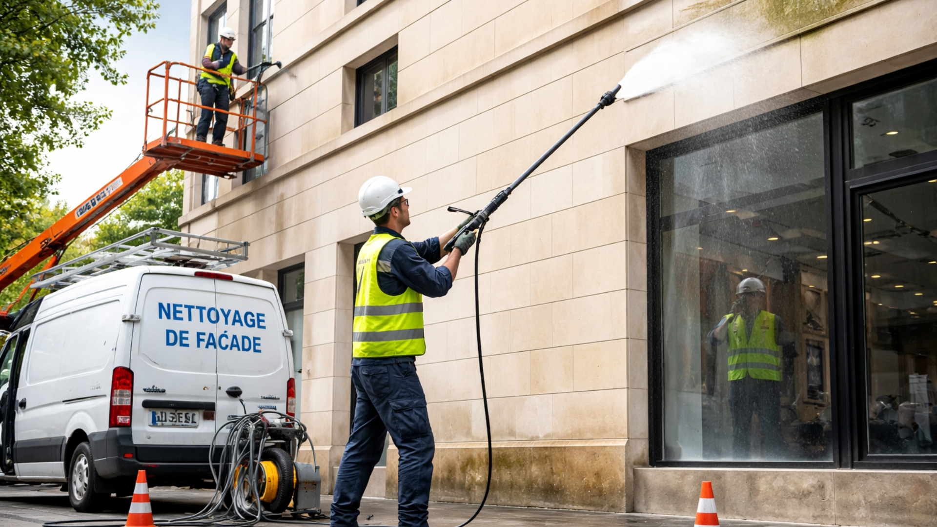 Des ouvriers nettoient la façade d'un immeuble au nettoyeur haute pression.