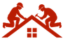 Deux couvreurs, portant des casques de chantier, travaillent sur un toit rouge avec un marteau et d'autres outils.