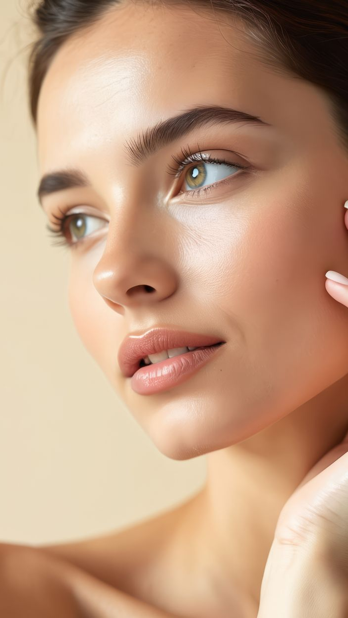 Femme à la peau éclatante, regardant sur le côté, portant un maquillage minimal.