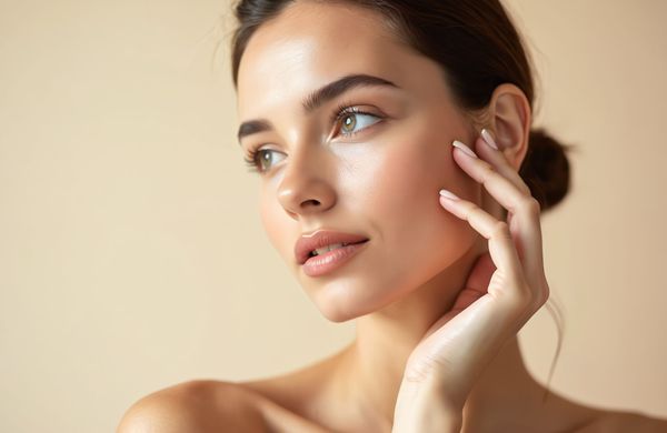 Femme à la peau lumineuse, touchant sa joue, regardant hors caméra sur un fond neutre.