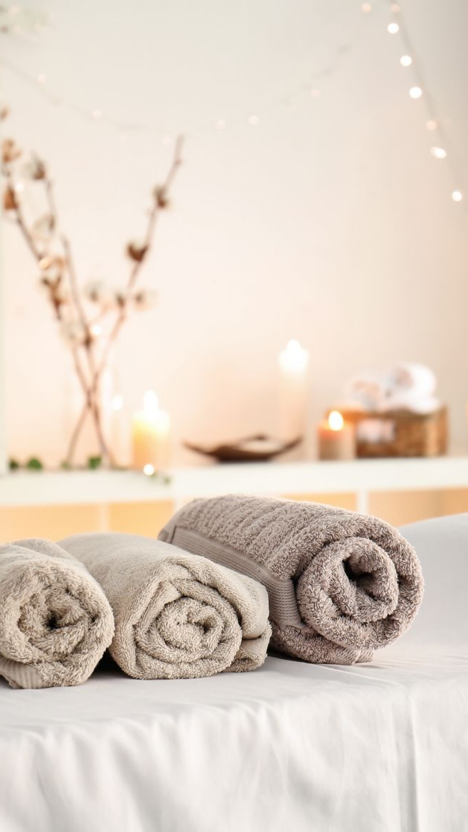 Serviettes beiges roulées sur une table de massage blanche ; bougies et vase de fleurs en arrière-plan, décor de spa.