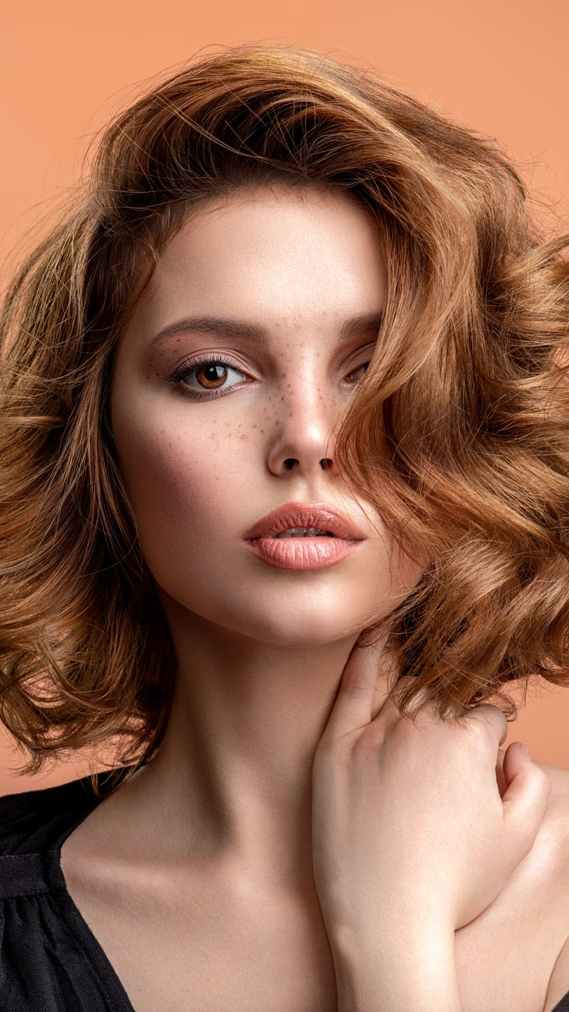 Femme aux cheveux ondulés brun roux, aux taches de rousseur et au rouge à lèvres nid, tenant son cou sur un fond orange.