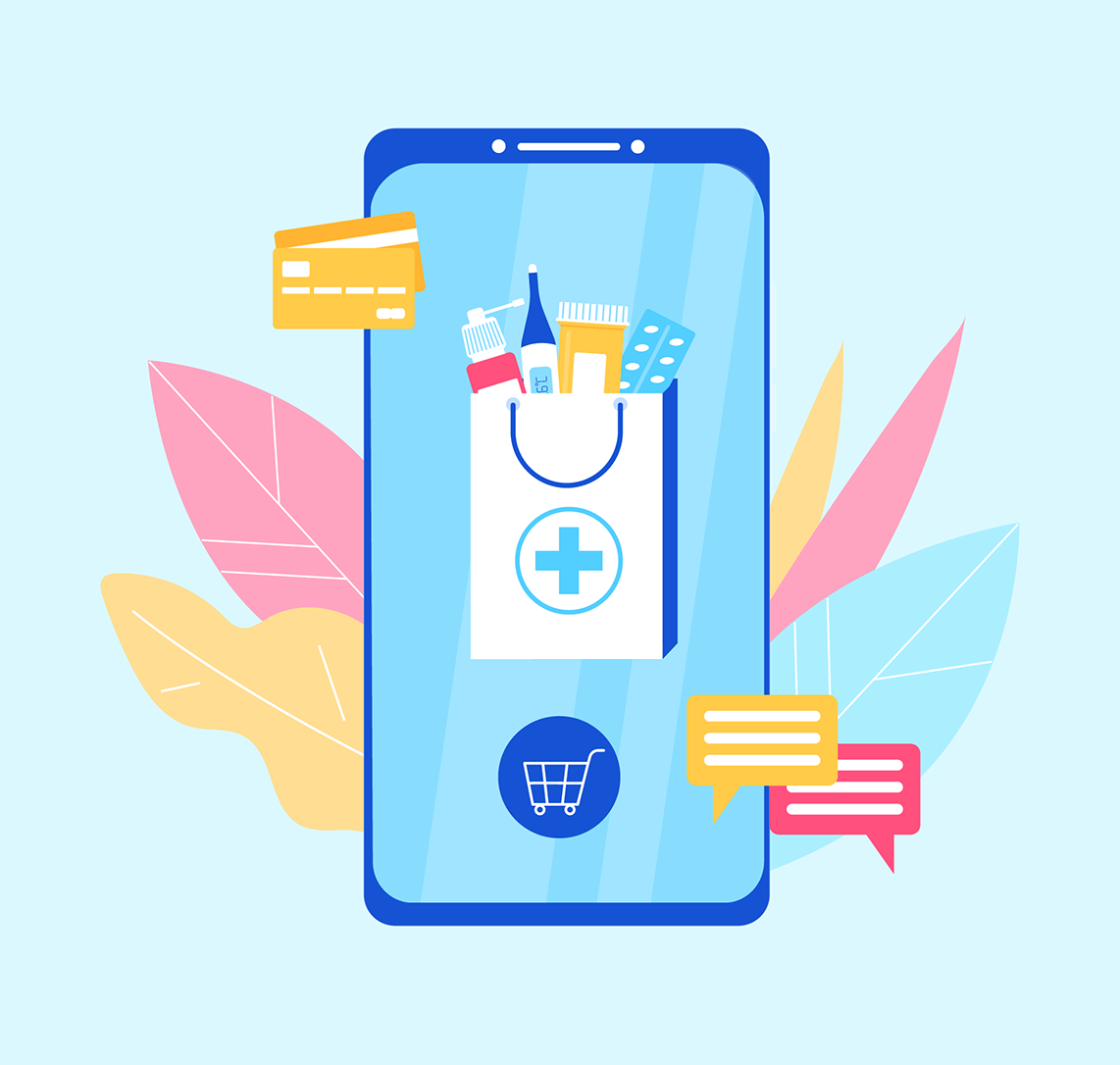 Smartphone che mostra una borsa della spesa di una farmacia con medicinali, una carta di credito e fumetti di chat.