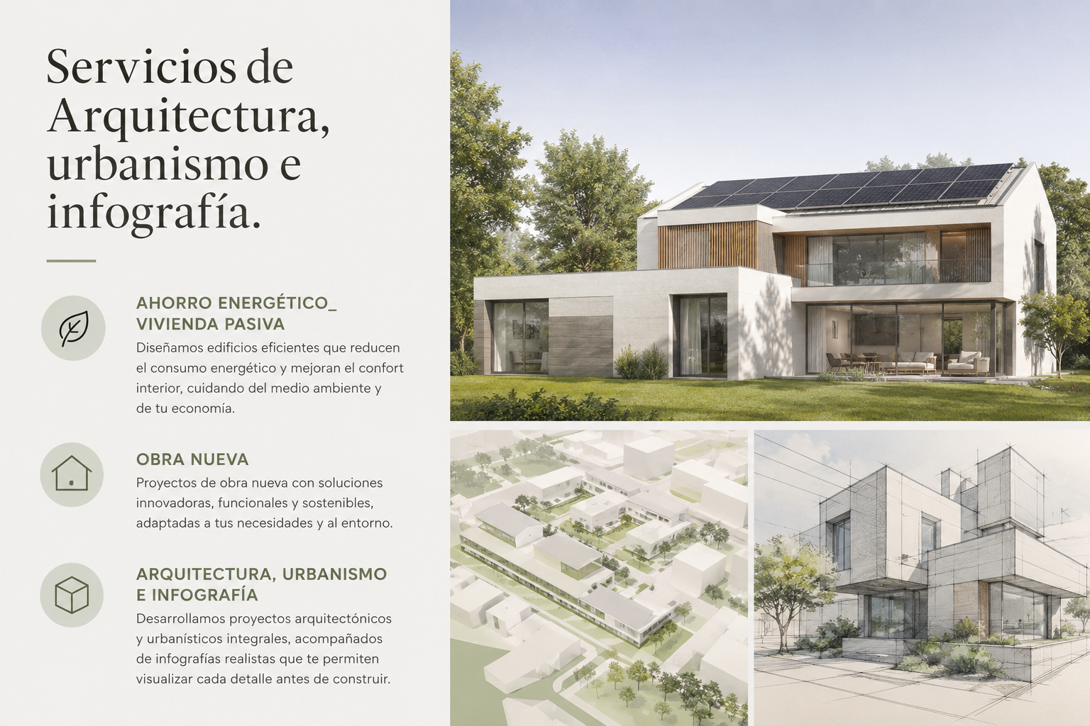 Servicios de arquitectura, urbanismo e infografía con renders de casas modernas y planos verdes