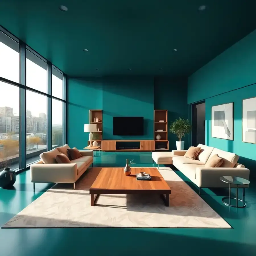 Una sala de estar con paredes verdes y un televisor de pantalla plana.