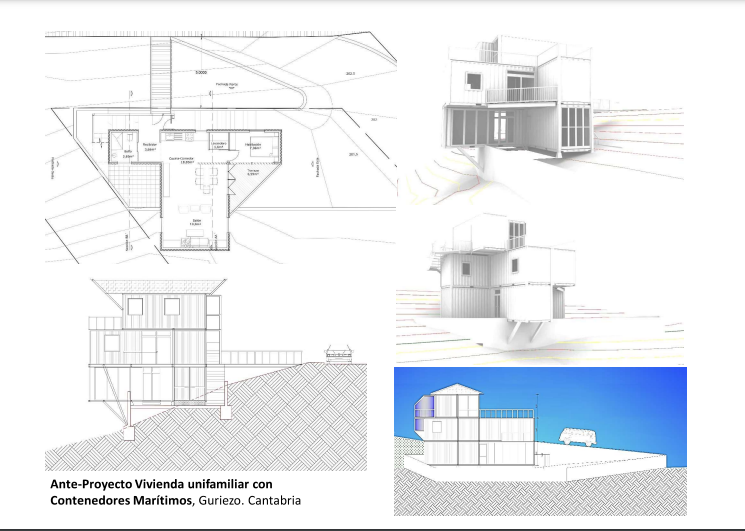 El proyecto de vivienda unifamiliar busca integrarse armoniosamente con el entorno, respetando las alturas, volúmenes y materiales para minimizar el impacto visual y la alteración del terreno. La edificación, distribuida en tres niveles, se realiza mediante contenedores marítimos reciclados, que ofrecen una construcción sostenible y económica. El diseño propone una relación fluida entre el interior y el exterior a través de terrazas y elementos estructurales ligeros.
Distribución:
Planta baja (cota +201): Incluye garaje, trastero y taller, aprovechando el desnivel del terreno.
Planta primera (cota +204): Contiene los espacios sociales (cocina, comedor, salón), un dormitorio, un baño y una terraza, con acceso desde una pasarela.
Planta segunda (cota +207): Alberga la habitación principal con baño y una terraza en L.
Sostenibilidad y ventajas:
Reducción de costos: La construcción con contenedores es rápida y reduce desperdicios.
Resistencia estructural: Los contenedores cumplen con normativas y soportan cargas sísmicas.
Impacto ambiental: Reutilizar contenedores promueve la sostenibilidad, especialmente cerca de puertos.
El diseño prioriza la integración con el entorno, respetando la vegetación existente y asegurando la conexión con las infraestructuras locales.