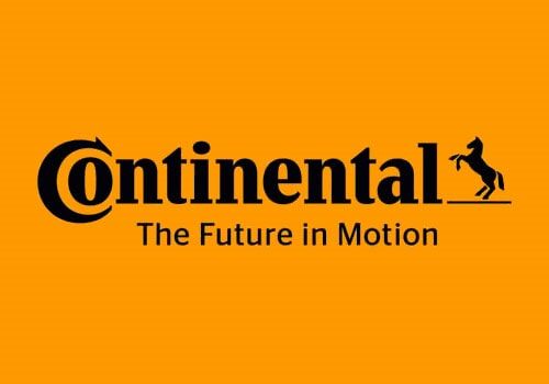 Logotipo da Continental com texto preto e cavalo sobre fundo laranja. Slogan: