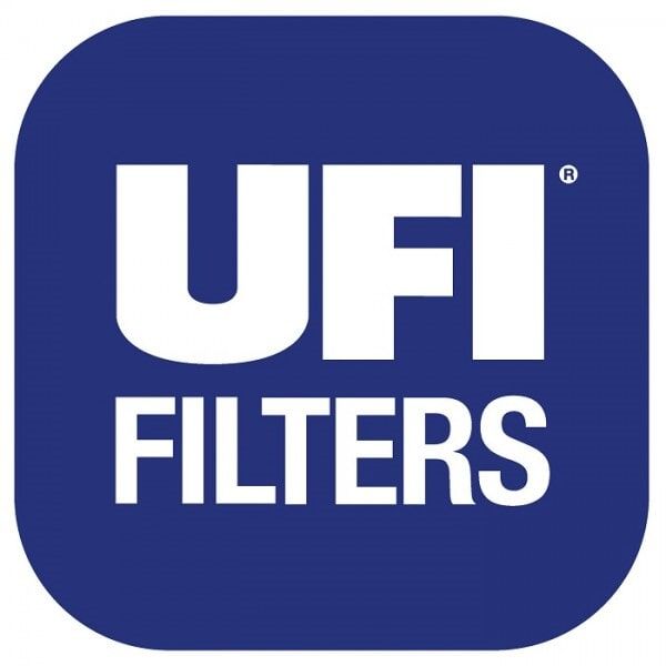 Logotipo da UFI FILTERS em um quadrado com cantos arredondados. Texto branco sobre fundo azul.