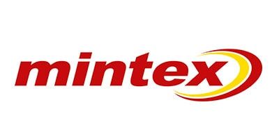 Logotipo da Mintex: Texto vermelho com um elemento de design curvo em amarelo e vermelho.