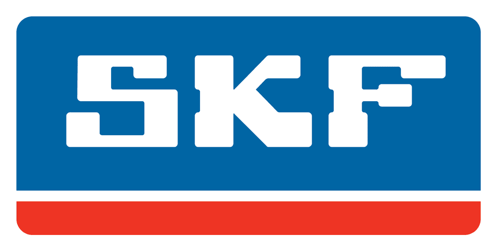 Logotipo da SKF, letras brancas em um retângulo azul com uma faixa vermelha na parte inferior.