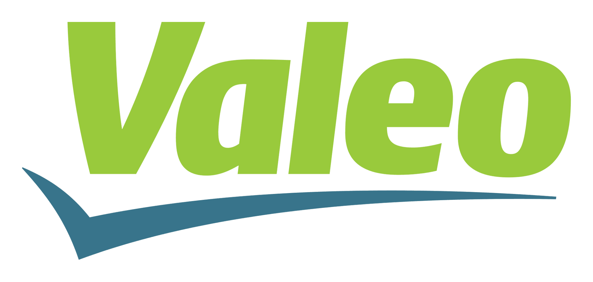 Logotipo da Valeo com texto verde e um símbolo de visto azul-petróleo.