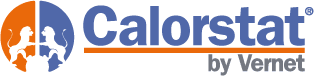 Logotipo da Calorstat criado pela Vernet com um desenho de leão em laranja e azul.