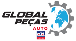 Logotipo da Global Peças, uma empresa com texto azul e um ícone de globo terrestre com a palavra "Peças" em vermelho abaixo.