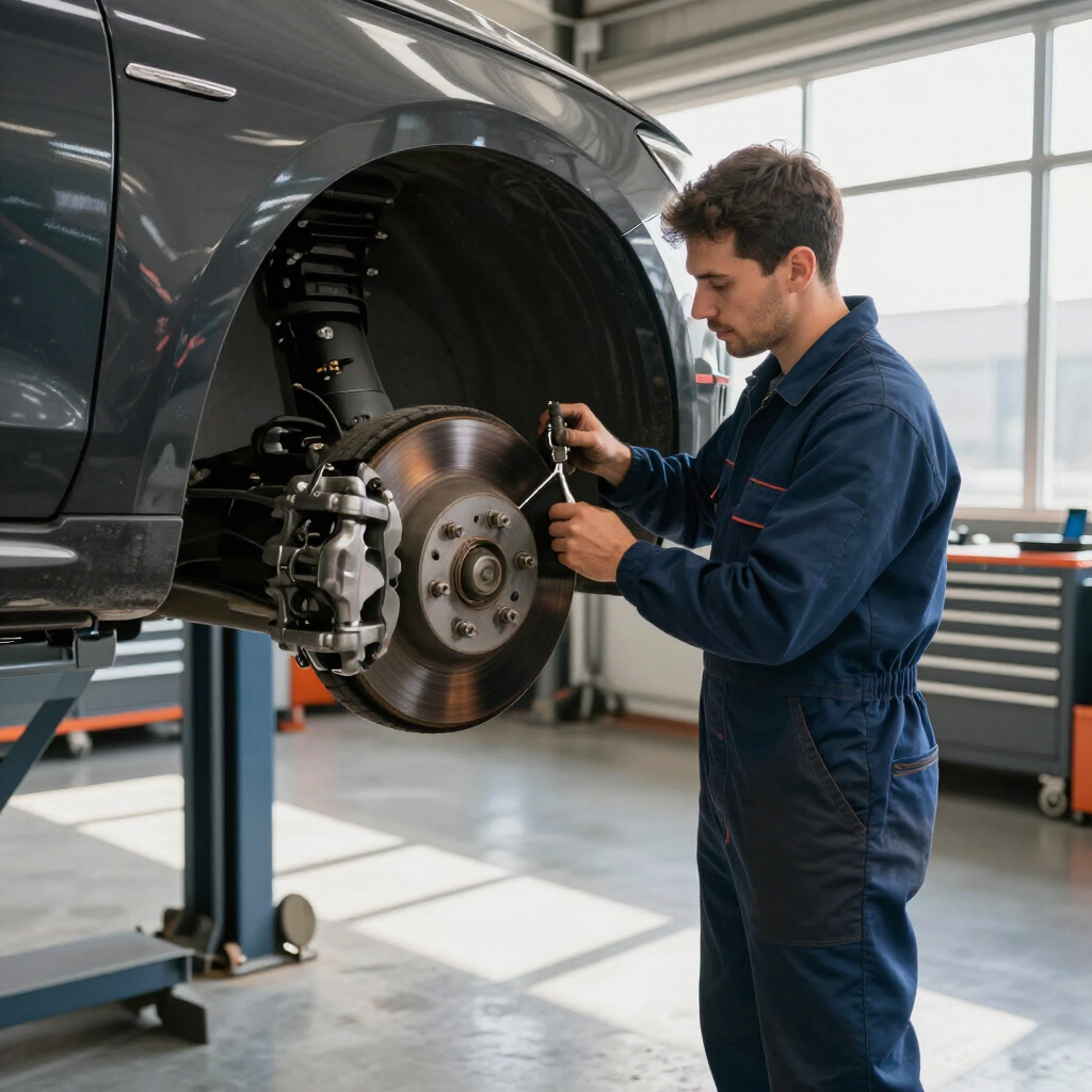Un técnico con mono azul utiliza una herramienta para trabajar en el conjunto de frenos expuesto de un coche.