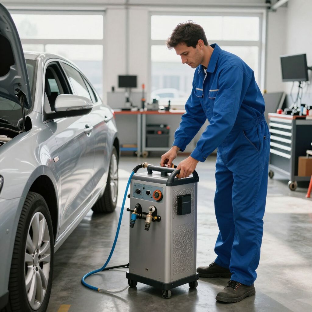 Un mecánico con uniforme azul maneja un equipo de diagnóstico conectado a un coche plateado en un taller mecánico.