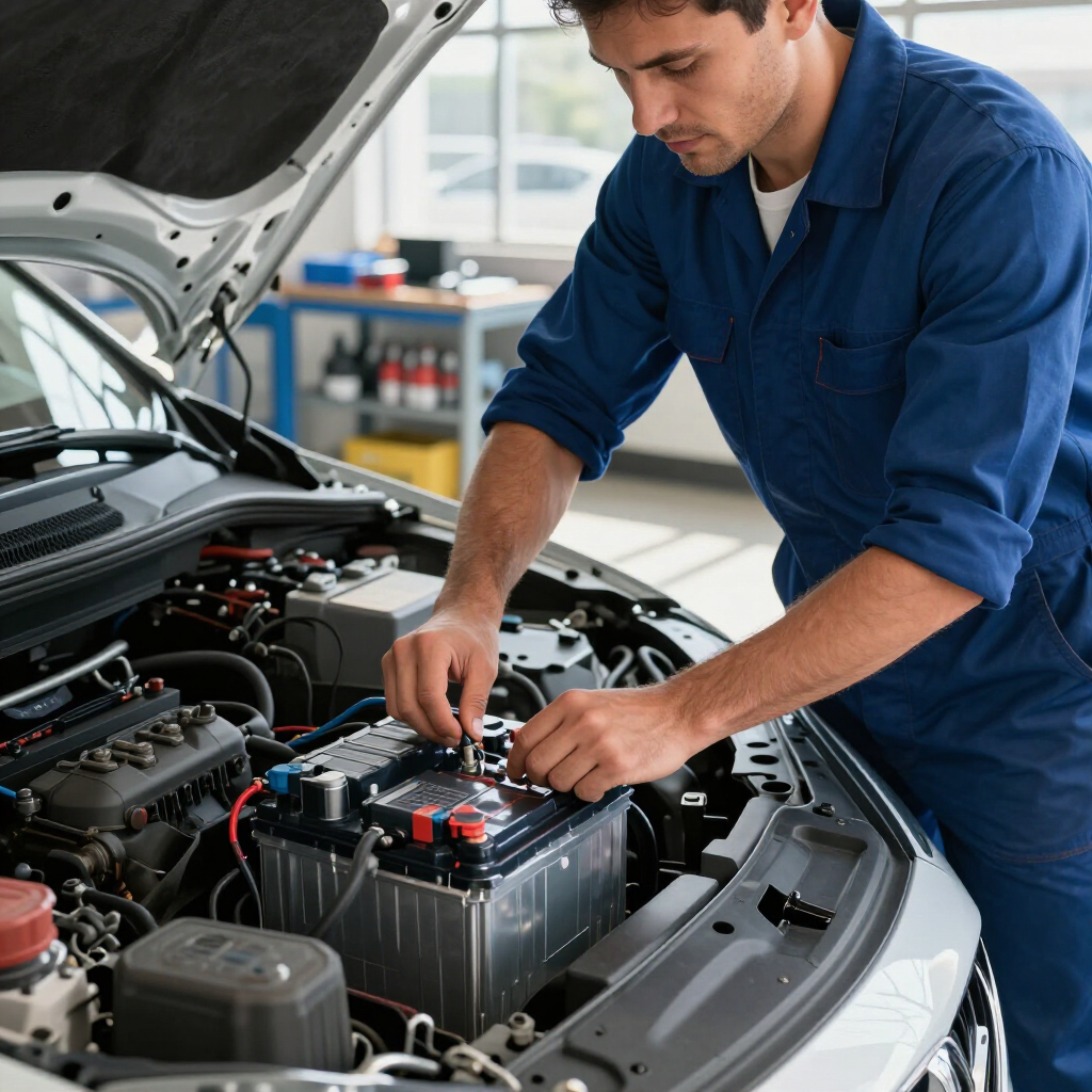 Un mecánico con uniforme azul inspecciona la batería de un coche dentro de un compartimento del motor abierto.