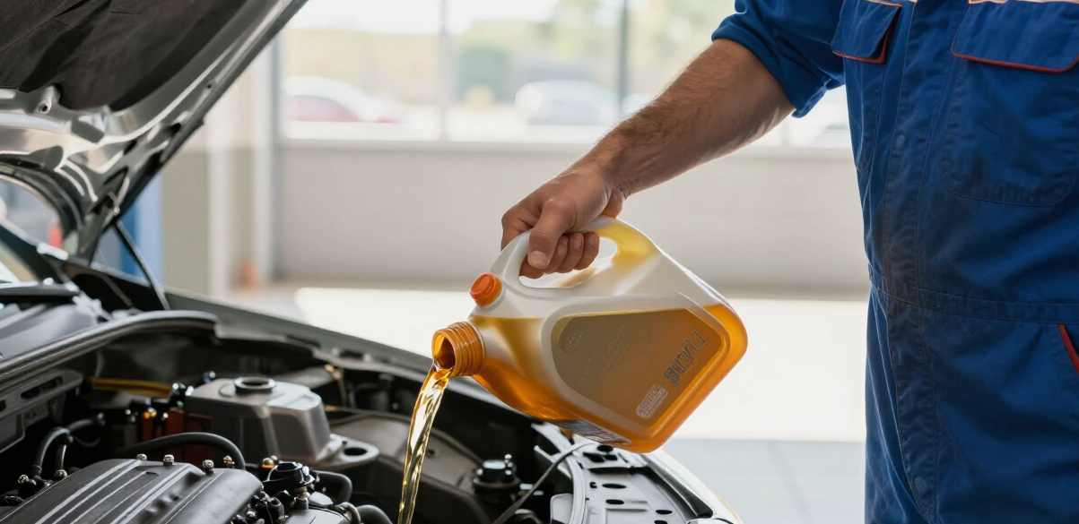 Un mecánico con un mono azul vierte aceite de motor dorado en el motor abierto de un vehículo.