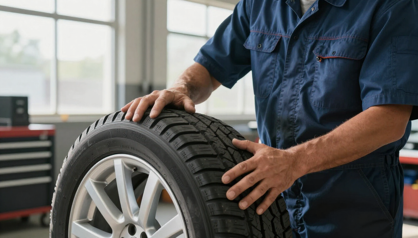 Un mecánico con uniforme azul inspecciona un neumático en un taller de reparación de automóviles.