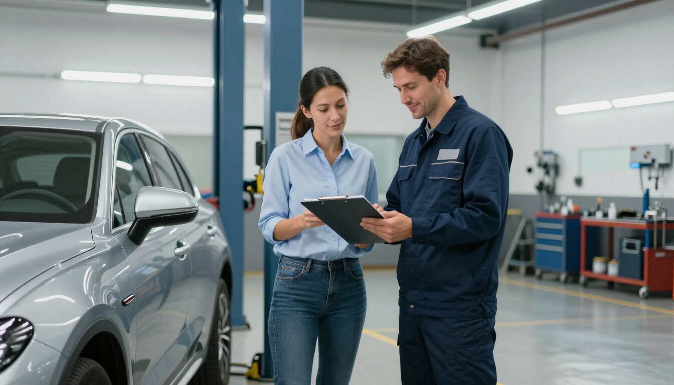 Un mecánico con uniforme azul y un cliente se encuentran en un taller de reparación de automóviles.