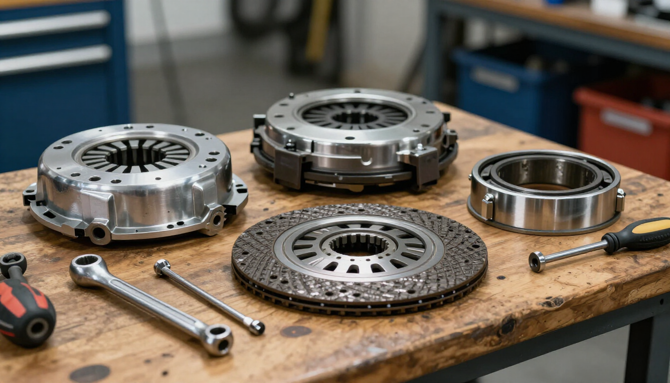Piezas y herramientas para embragues de automóviles dispuestas sobre una mesa de taller de madera.