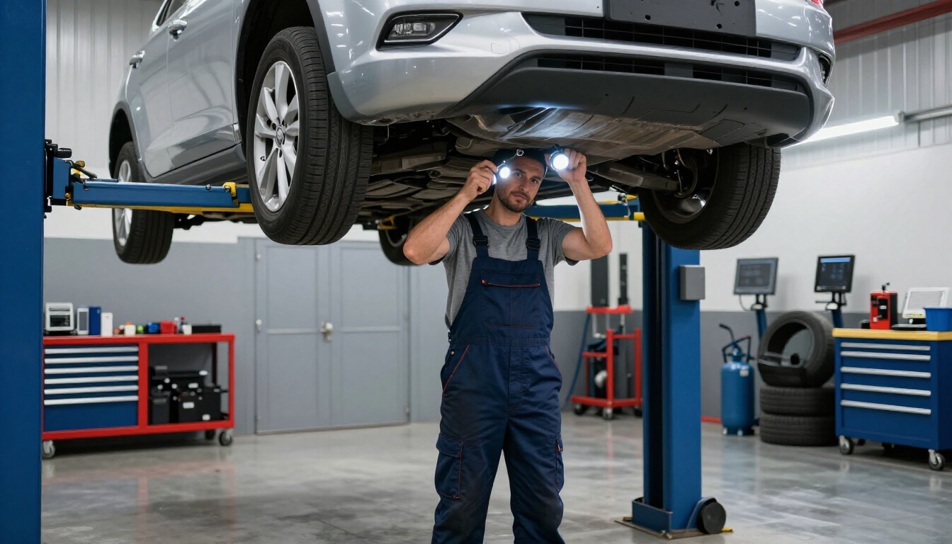 En un taller mecánico, un mecánico con mono azul inspecciona la parte inferior de un coche plateado elevado.