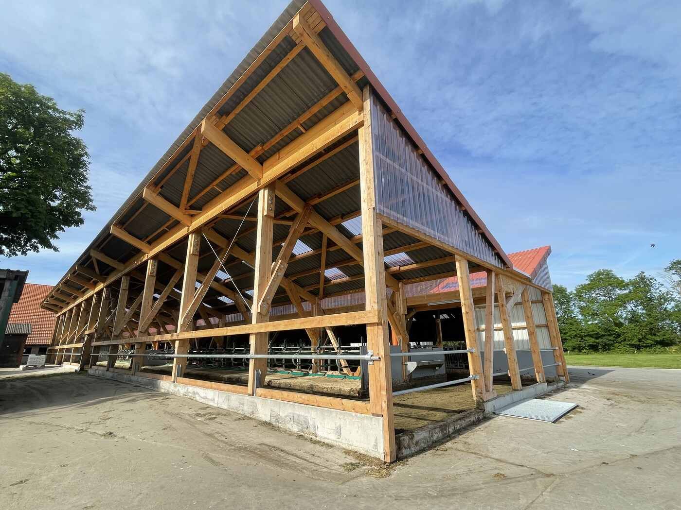 Auf einem Bauernhof wird eine Holzscheune mit rotem Dach gebaut.